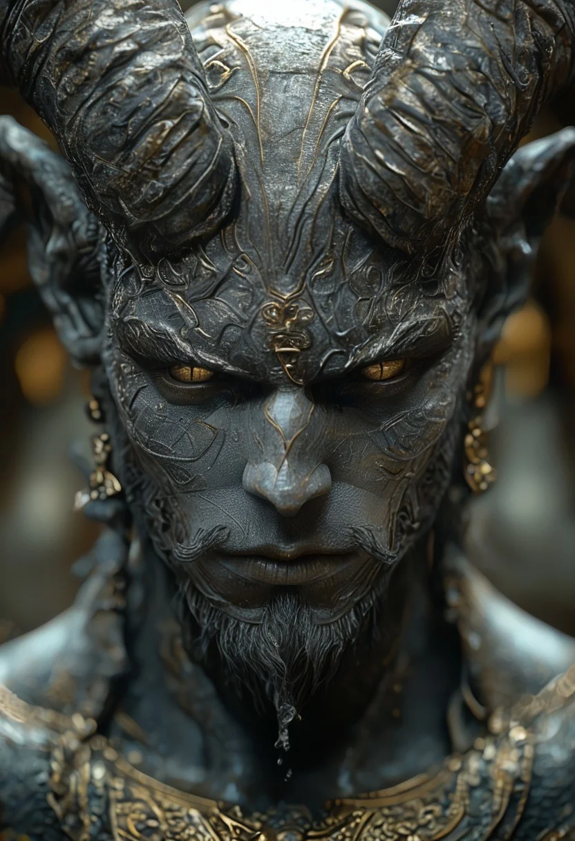 It is decorated with intricate designs and patterns that give it a majestic and divine look. The statue's head is covered with a gray square, which prevents its identification. The background is dark, which highlights the details of the golden statue