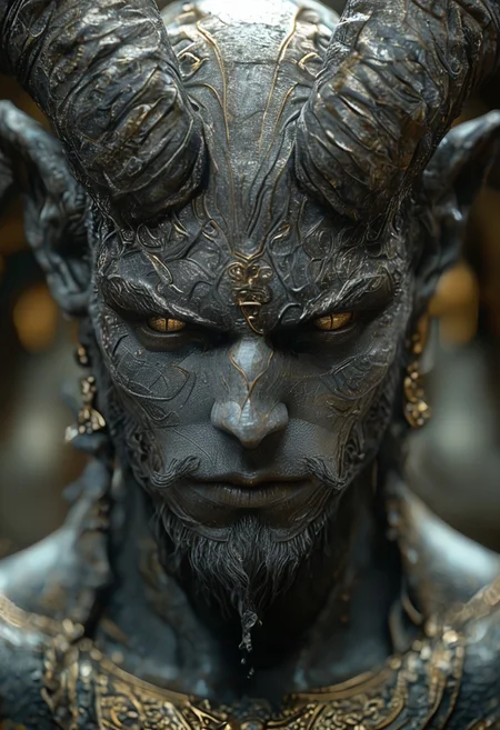 It is decorated with intricate designs and patterns that give it a majestic and divine look. The statue's head is covered with a gray square, which prevents its identification. The background is dark, which highlights the details of the golden statue