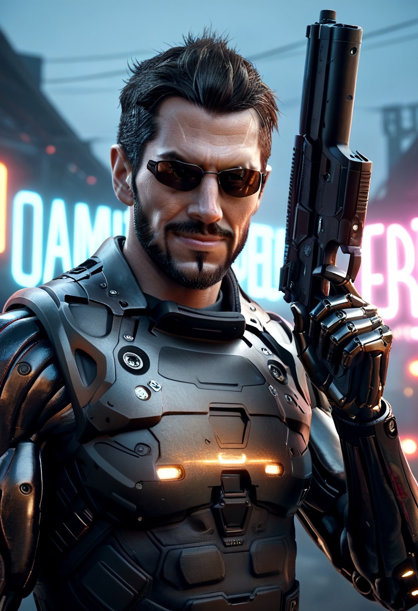 score_9, score_8_up, score_7_up, 1boy, 1man, adam_jensen, upper body, sunglasses, cybernetic arms, holding gun, holding weapon, pointing gun at viewer, smirk, black combat armor, colorful spotlights, looking at viewer, dynamic pose, action scene, neon lights, handsome man, high quality, perfect image, perfect anatomy, fit body, clear image