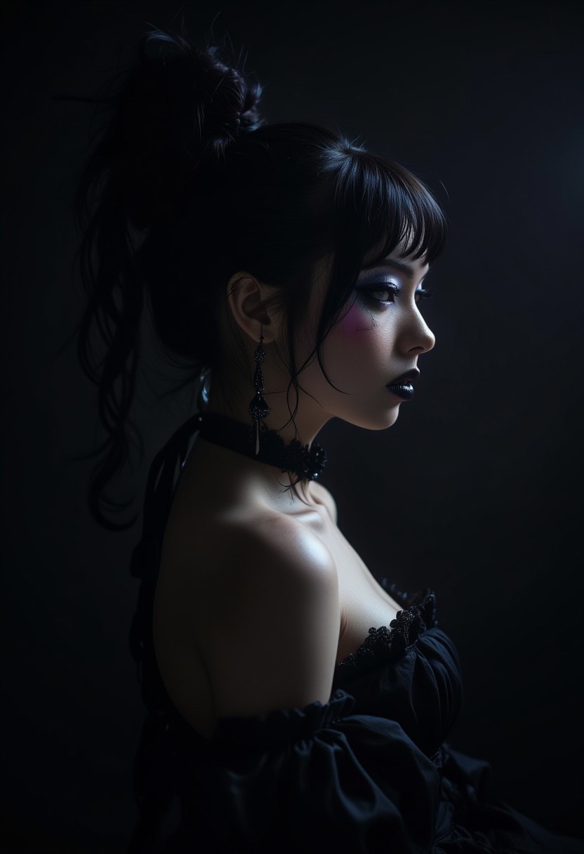 a cute woman, elegant updo, soft lighting, contemplative expression, dark background, subtle makeup, high-resolution, detailed texture, emotional depth, dramatic mood, side profile, serene atmosphere, cinematic lighting. (dark theme:0.9), soothing tones, muted colors, high contrast, (natural skin texture, hyperrealism, soft light, sharp) goth dress, frilled dress, large breasts, black hair, hair between eyes, dead eyes, soulless eyes, purple eyes, goth makeup, black lipstick, masterpiece, best quality, amazing quality, very aesthetic, high resolution, ultra-detailed, absurdres, newest, very awa, dynamic lighting, photorealistic detail, detailed face, detailed eyes, detailed hair, depth of field, scenery, volumetric lighting
