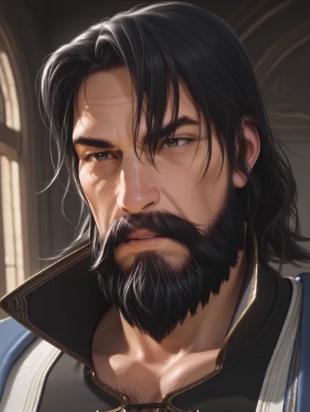 xuanzi, 1boy, facial hair, male focus, mustache, black hair, beard, masterpiece, best quality, amazing quality