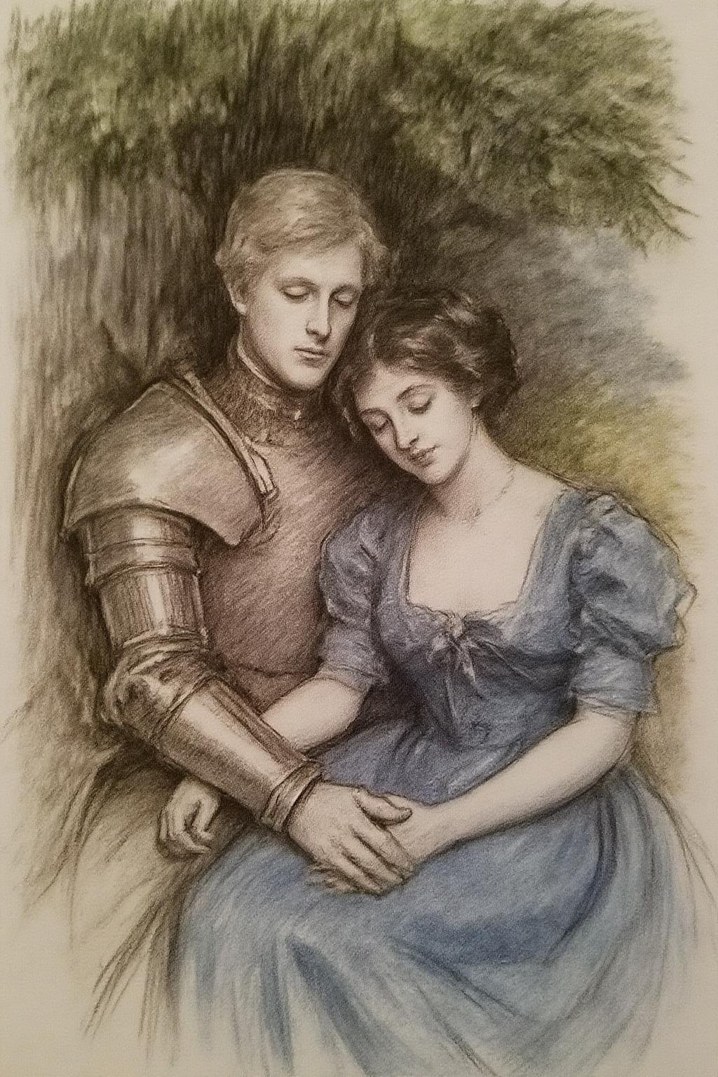 johnss1 charcoal drawing.
A blonde knight and a lady sitting under a tree. The lady has dark hair and is wearing a blue dress. The knight is sleeping with his head on the leg of the lady  <lora:johnss1_cap_d6a3e12:1.0><lora:824349694927894500:0>