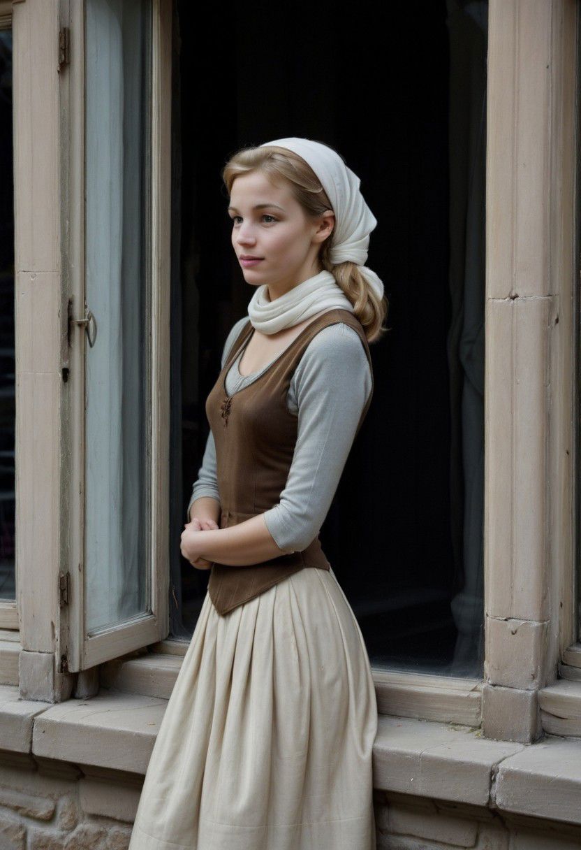 Ultra Realistic, long shot, view from outside,  Cinderella,  everyday-dress, white scarf tied in hair, leaning on the edge of the window,  thoughtful