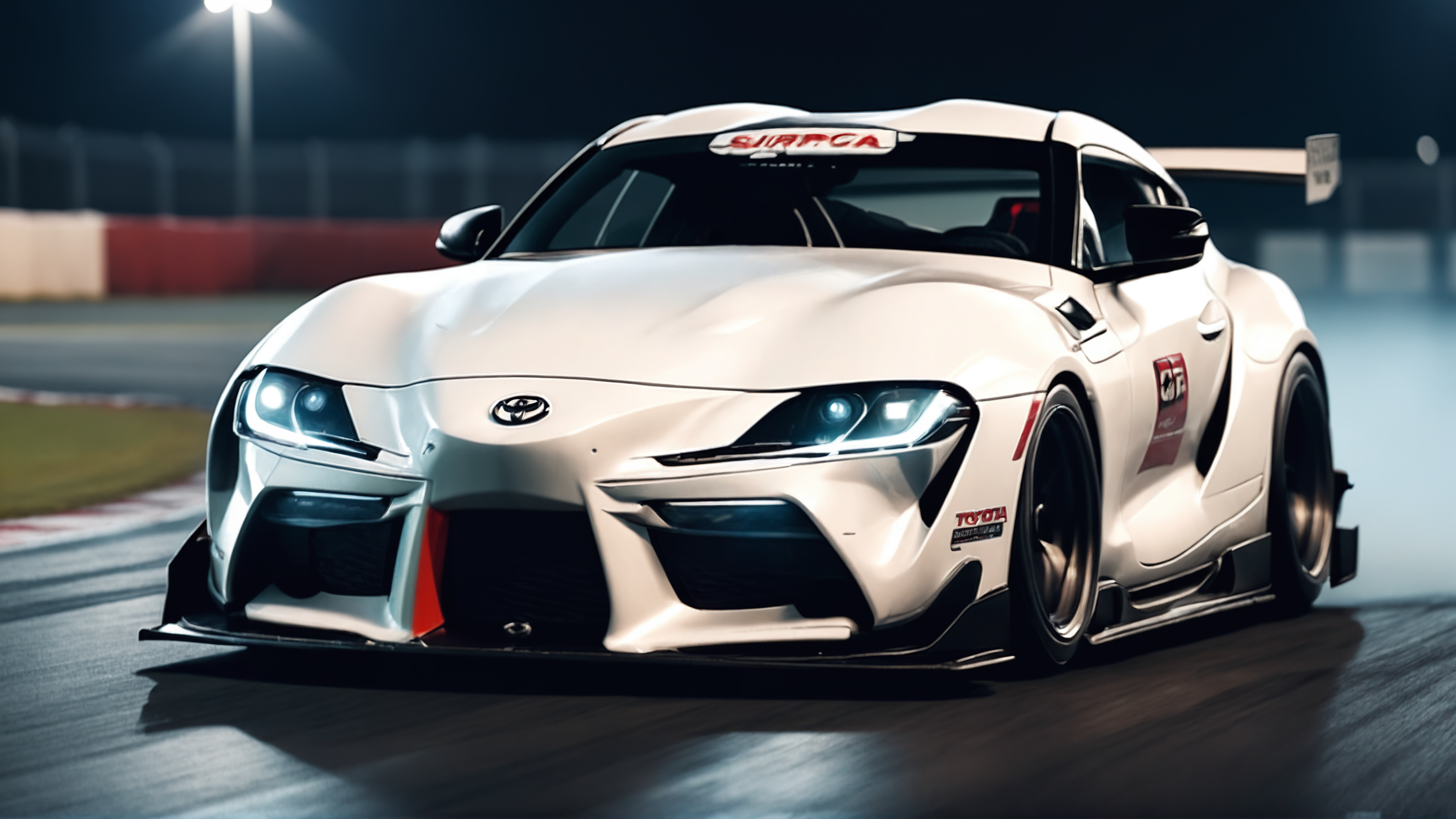 RTX,masterpiece,high detailed,best quality,masterpiece,white toyota supra 2020 <lora:toyota supra 2020:1.4> drifting on race, front view,(night race track:1.1),toyota logo
