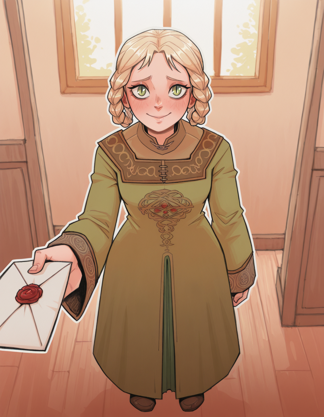 1girl, full body   <lora:britodraws:1> br1t0dr4ws,
BREAK
1girl, <lora:Ryapred:1> zorayas, rya dress
hair rings, braid loops, twin braids, 
 long sleeves,  , slit pupils
green dress, blonde hair, green eyes
BREAK
indoors,  pov, handing envolople, holding holding envelope, smile, 
BREAK
(masterpiece, best quality:1.2), absurdres, highres,