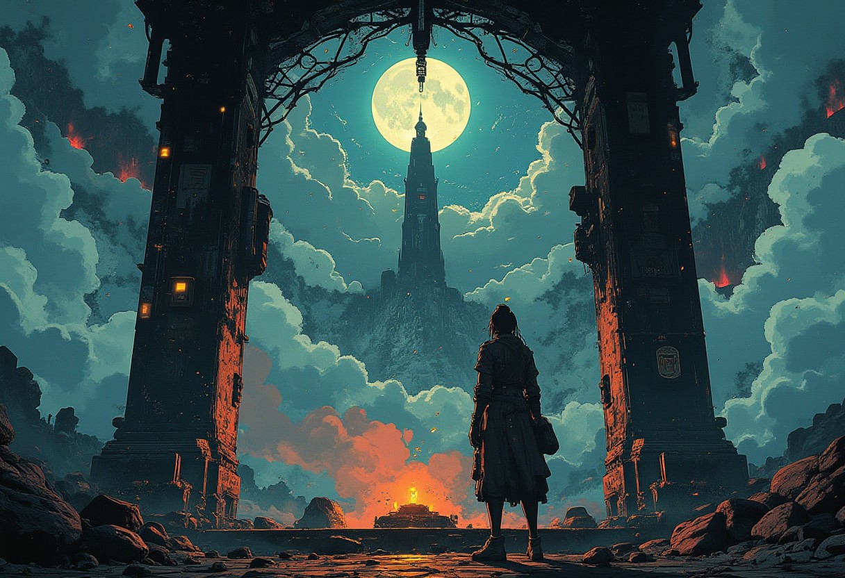 The moon priestess lights incense under the temple arch, landscape, dramatic scenery, sci-fi feel, clouds, , clean lines, intricate detail anime, cyberpunk, mystical