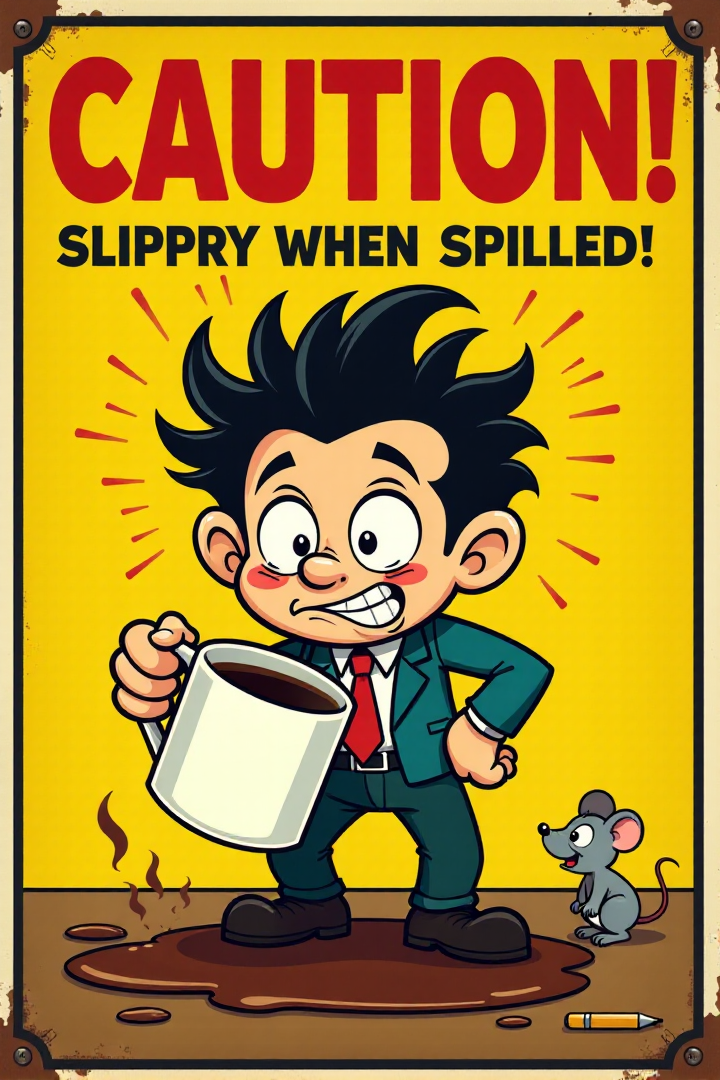 "Visualize a brightly colored vintage safety sign featuring a wide-eyed cartoon character, a frazzled-looking office worker with wild hair, precariously balancing an overflowing, steaming mug of coffee. The sign reads in bold, slightly distressed red lettering: 'CAUTION! Slippery When Spilled!' Below, a cartoonish puddle of dark brown liquid is depicted with radiating heat lines. The background is a cheerful yellow with a thick black border. The cartoon style should evoke the charm of mid-20th-century animation, with bold black outlines, simple shading, and expressive, slightly exaggerated features. Include small details like a dropped pen and a startled mouse witnessing the near-disaster. 8k resolution, vintage cartoon style, bright and attention-grabbing, emphasizing the potential hazard of spilled coffee."  <lora:REMEs_War_Poster_Style:0.95> In REME's War Poster Style,âââ