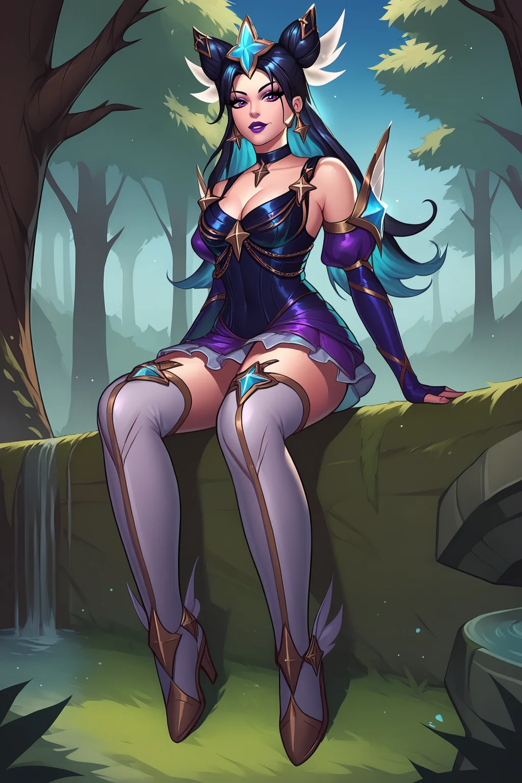 score_9, score_8_up, score_7_up, score_6_up, BREAK, SyndraSGPrestigeXL, purple lips, purple eyelashes, purple eyes, black hair, two-tone hair, long hair, double bun, sidelocks, hair ornaments, star forehead, earrings, black choker, medium breasts, detached sleeves, star guardian (league of legends), star (symbol), cleavage, blue dress, puffy sleeves, blue elbow gloves, fingerless gloves, purple skirt, white thighhighs, white thigh boots, solo, full body, sitting, bellow view, seductive smile, looking at viewer, forest, tree <lora:SyndraSGPrestigeXL:0.9>