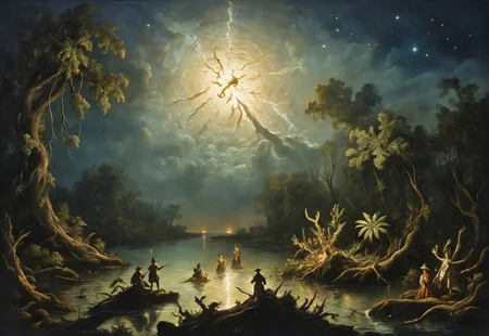 A tragic baroque oil painting showing French explorers in agony in a mangrove swamp at night, under the light of a bright star, surrounded by an indigenous dragon.