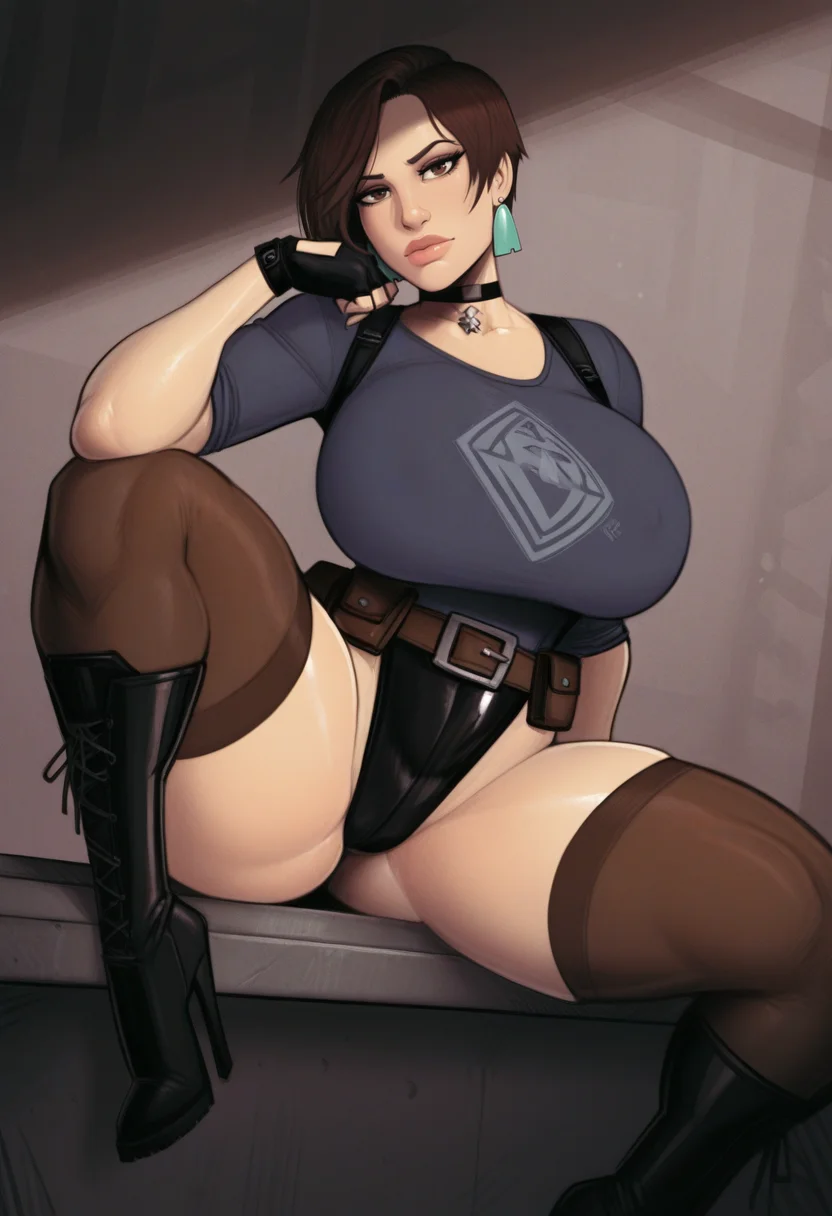masterpiece, best quality, S4s4k1Nsfw,<lora:NaughtydevilHs:1> 1girl, breasts, boots, solo, earrings, brown hair, choker, jewelry, brown eyes, gloves, thighhighs, fingerless gloves, sitting, lips, leotard, thighs, looking at viewer, belt, thick thighs, black footwear, short hair, large breasts, high heel boots, black gloves, shirt, huge breasts, high heels