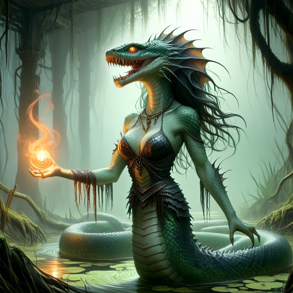 naga, hkstyle, female, casting a spell in a haunted swamp