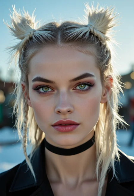 Glamour extreme closeup photo capturing the spirit of young skinny danish woman, 19yo, with piercing emerald green hooded eyes and bow-shaped lips with an affectionate attitude. She has wild white braided hair with feathered bangs and emo-scene makeup featuring shades of crimson and stylish eyeshadow with lipstick. Set in a ruined amusement park with broken rides, on a sunny winter sunset. With harsh backlighting, cinematic, 4k <lora:flux_skinny_slider>