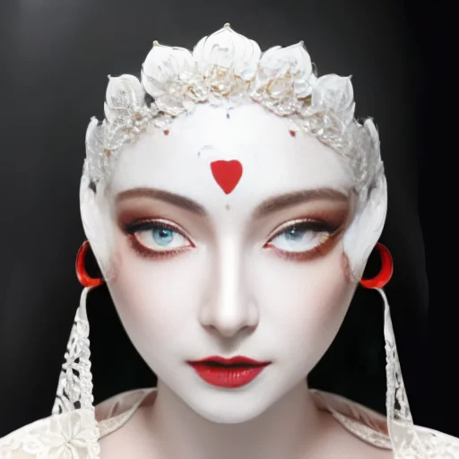 bestquality,masterpiece,highres,chinadress,hairornament,necklace,jewelry,Beautifulface,full_body,tyndalleffect,photorealistic,darkstudio,rimlighting,twotonelighting,(highdetailedskin:1.2),8kuhd,dslr,softlighting,highquality,mju, a white mask with a red eye and a white face<lora:mju-10:1>
