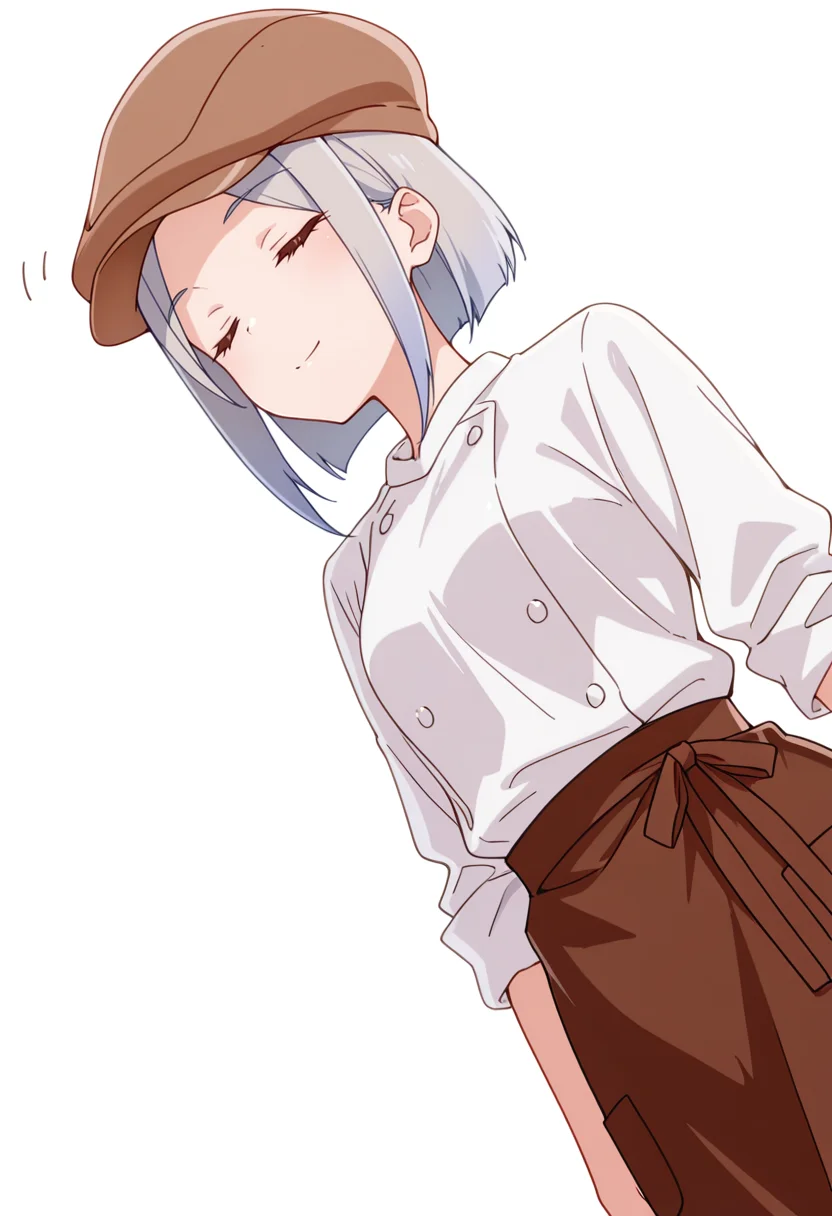 masterpiece,high quality details,absurdres, 
 <lora:Nishidera_Nene:0.8>
nene_cnr, 1girl, grey hair, short hair, 
nene_s2,cabbie hat, white shirt,brown waist apron, brown skirt,sleeves rolled up,black pants, buttons,, simple background, white background, dynamic angle,solo,, =^=,