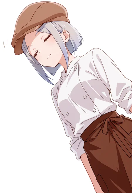 masterpiece,high quality details,absurdres, 
 <lora:Nishidera_Nene:0.8>
nene_cnr, 1girl, grey hair, short hair, 
nene_s2,cabbie hat, white shirt,brown waist apron, brown skirt,sleeves rolled up,black pants, buttons,, simple background, white background, dynamic angle,solo,, =^=,