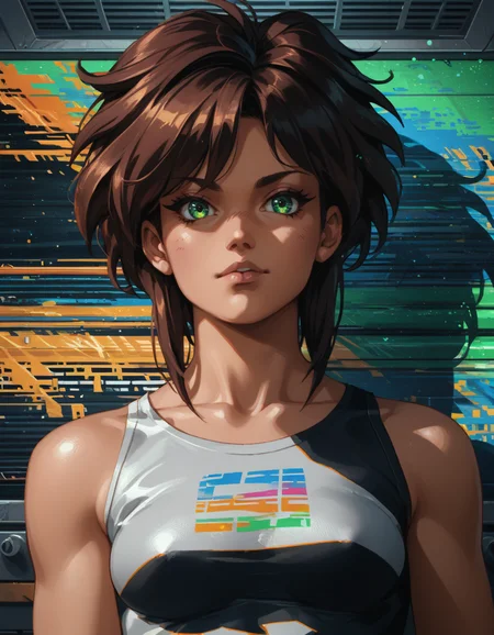 expressionist Darkfall Sandman, speed paint, score_9, score_8_up, score_7_up, score_6_up, score_5_up BREAK ot0m, 1girl, green eyes, brown sidelocks hair, looking at viewer, <lora:OtaKingMondayAshlinPDXL16v1.6tx1-000008:0.9>, glitch style, detailed, dynamic, raw, emotional, dynamic, distortion for emotional effect, vibrant, use of unusual colors, detailed