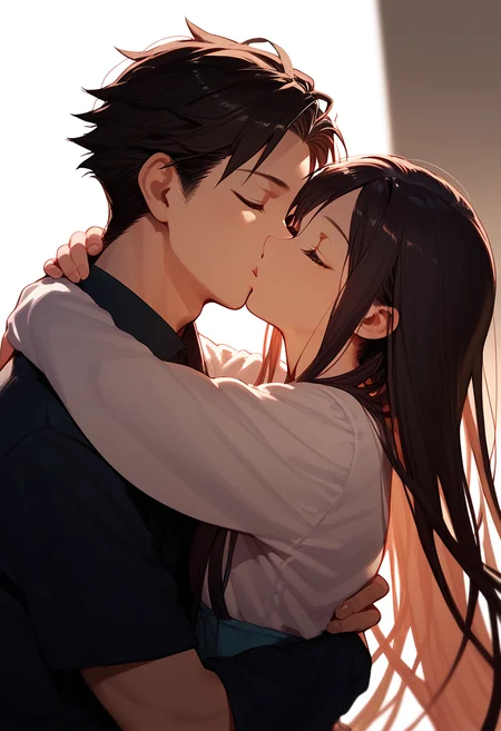 score_9, score_8_up, score_7_up, 1girl, 1boy, deep kiss, head tilt ,kiss, hug, <lora:deep_kiss_v2:1>, kaburagi_kaede, side view