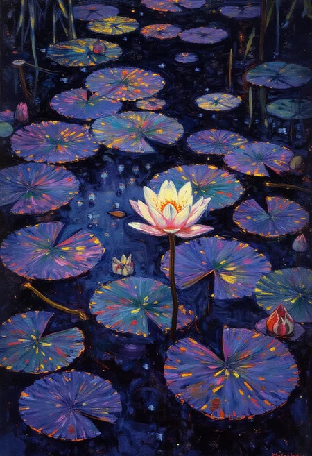 ghiblistyle,Anime style,sftsrv style illustration,style of Vincent van Gogh, OByouhua, oil painting, A vertical, high-angle, close-up shot depicting an efflorescence of vibrantly hued lily pads in a tenebrous pond. Employ an impasto technique, evoking a sense of tactile texture, reminiscent of  Impressionist brushstrokes.  The color palette should be audacious, bordering on fauvist, with hues that almost vibrate against the obsidian water. Capture the play of light on the pads, employing a chiaroscuro effect, with luminous highlights juxtaposed against deep shadows, as if illuminated by the dying embers of a setting sun. Render the single, alabaster water lily with photorealistic precision, its delicate petals unfurling towards the viewer, a beacon of purity amidst the riot of color. The background should be a stygian reflection of the scene, suggestive of  inscrutable depths. Infuse the composition with a sense of languid tranquility and the ephemeral beauty of nature.