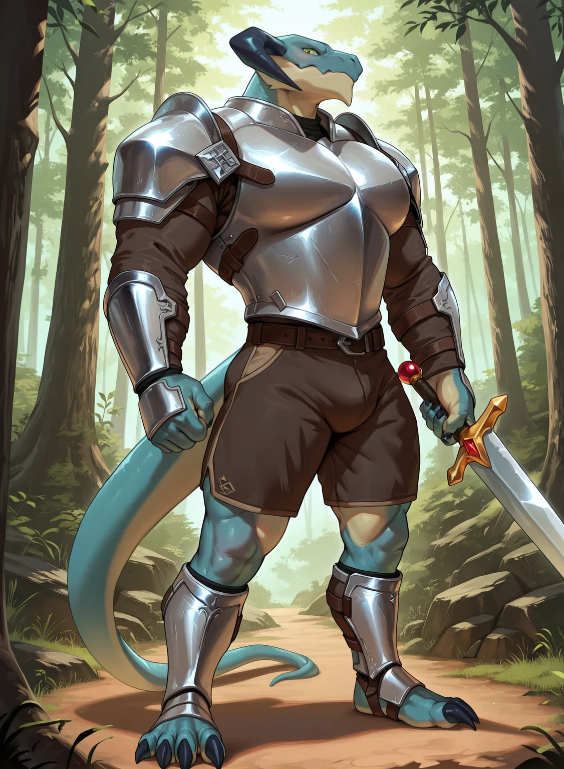 zPDXL2,general,masterpiece,best quality,amazing quality,anatomically correct,furry male,forest,full_body,male focus,(from_side:0.3),front view,looking_at_viewer,1boy,solo,
gr0ve,dragon,horns,claw,silver armor,shorts,holding_sword,
muscular,big pecs,broad shoulders,thick thighs,standing,(spread legs:0.6),posing,
<lora:NOOB_vp1_detailer_by_volnovik_v1:1>,<lora:Rokudenashi_Style_V1_ILXL:0.3>,<lora:zoroj:0.3>,<lora:Grove_IL:1>,