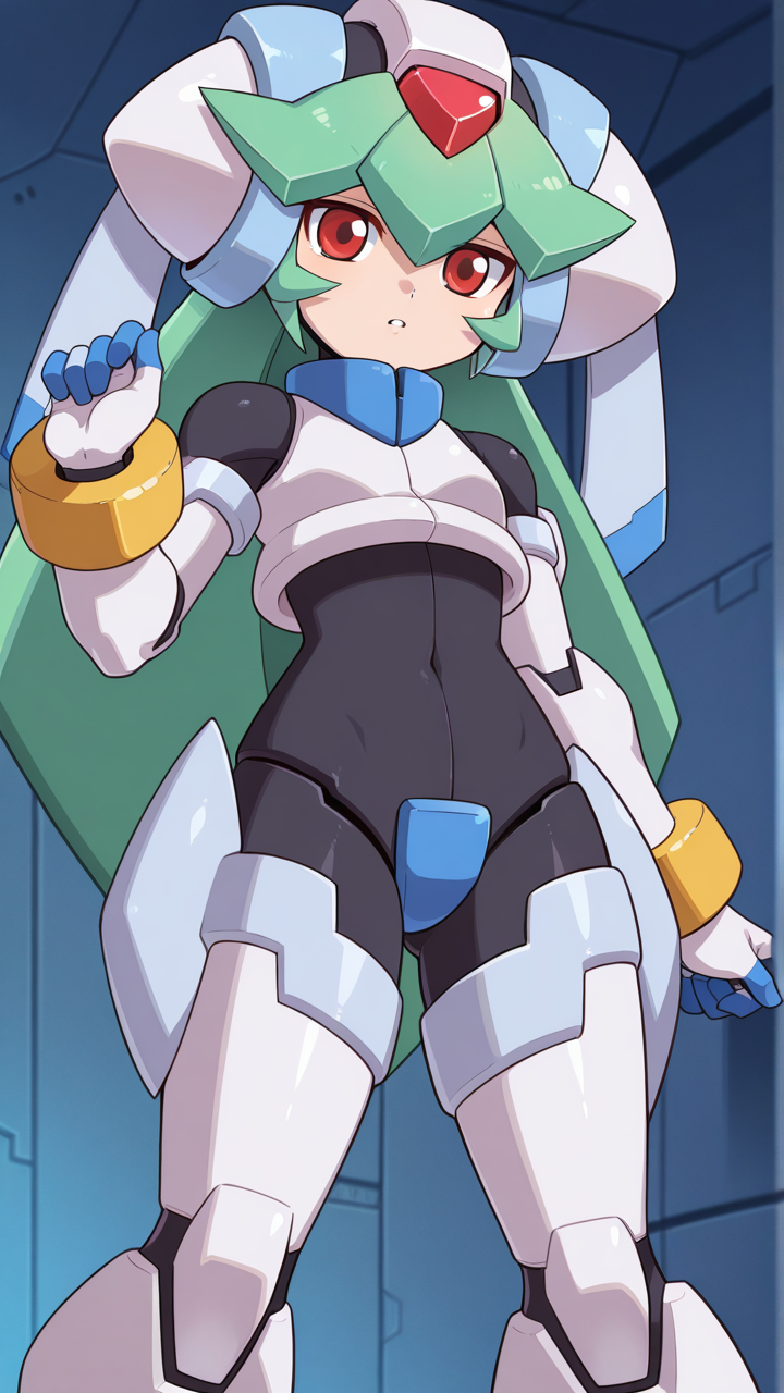solo,, masterpiece, best quality, amazing quality, very aesthetic, absurdres, newest, anime screencap, <lora:pandoraILM:1>, pandora (mega man), yabe makoto, mega man zx, model w (mega man), android, bangs, red eyes, long hair, very long hair, green hair, white helmet, headwear, forehead jewel, white armor, robot ears, small breasts, joints, bracelet, white gloves, bodysuit, crop top, covered navel, armor, power armor, crotch plate,