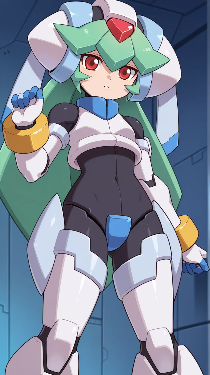solo,, masterpiece, best quality, amazing quality, very aesthetic, absurdres, newest, anime screencap, <lora:pandoraILM:1>, pandora (mega man), yabe makoto, mega man zx, model w (mega man), android, bangs, red eyes, long hair, very long hair, green hair, white helmet, headwear, forehead jewel, white armor, robot ears, small breasts, joints, bracelet, white gloves, bodysuit, crop top, covered navel, armor, power armor, crotch plate,