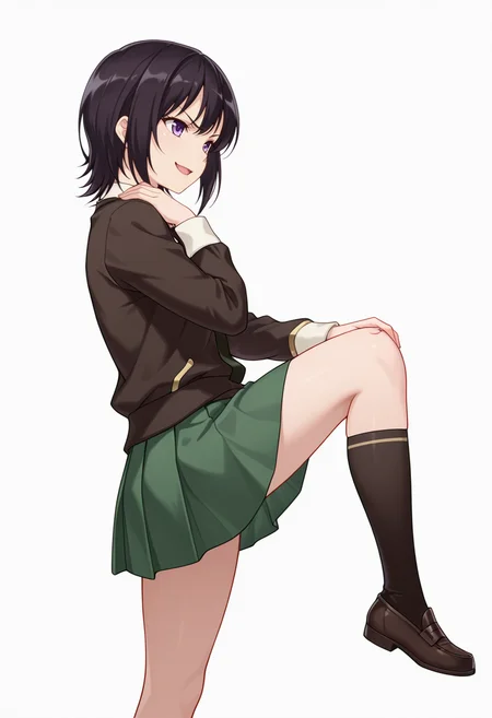 Smooth Quality,masterpiece,very intricate, high quality details, ultra realistic, high detailed skin,detailed enviorement,absurdres,
hand on own shoulder,:d,
<lora:Yozora_Mikazuki_CNR:0.8> yozora_cnr, 1girl, black hair, short hair, purple eyes, st. chronica academy school uniform,black necktie, green skirt, loafers, kneehighs,, simple background, white background, from side,solo,, scowl,smirk,