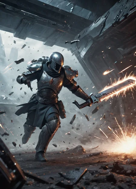 epic battle scene, men fighting in close combat, futuristic warrior swinging a 40kchainsword and is cutting down his enemies, sparks flying, science fiction
<lora:Chainsword_-_Warhammer_40000_SDXL:0.8>