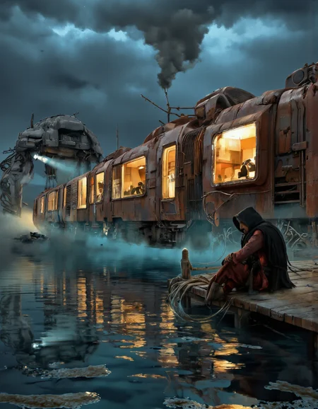By Brandon Le. A photo-realistic shoot from a far camera angle about a mysterious scene featuring a futuristic train set against a dark, stormy sky at night. the image also shows water reflections on the surface. on the right side of the image, a figure wearing a hooded cloak is sitting on a wooden platform, holding a long, thin rope. the figure appears to be in a contemplative pose, facing away from the viewer. in the background, a row of futuristic locomotives with glowing windows are visible, along with a large crane-like structure on the left. the scene is illuminated by a soft, blue light, casting a warm glow on the scene. the sky is filled with dark, ominous clouds, adding to the sense of foreboding and mystery.