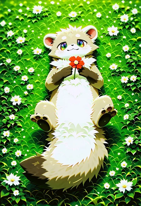 zuppu11, full body, solo, furry, score_9, score_8_up, look at viewer, male focus, raibow eyes, rainbow eyes, no humans, fractal iris, furry male, ferret lying on grass, flux-style, detailed eyes, blushing, holding flower, put hands on abdomen