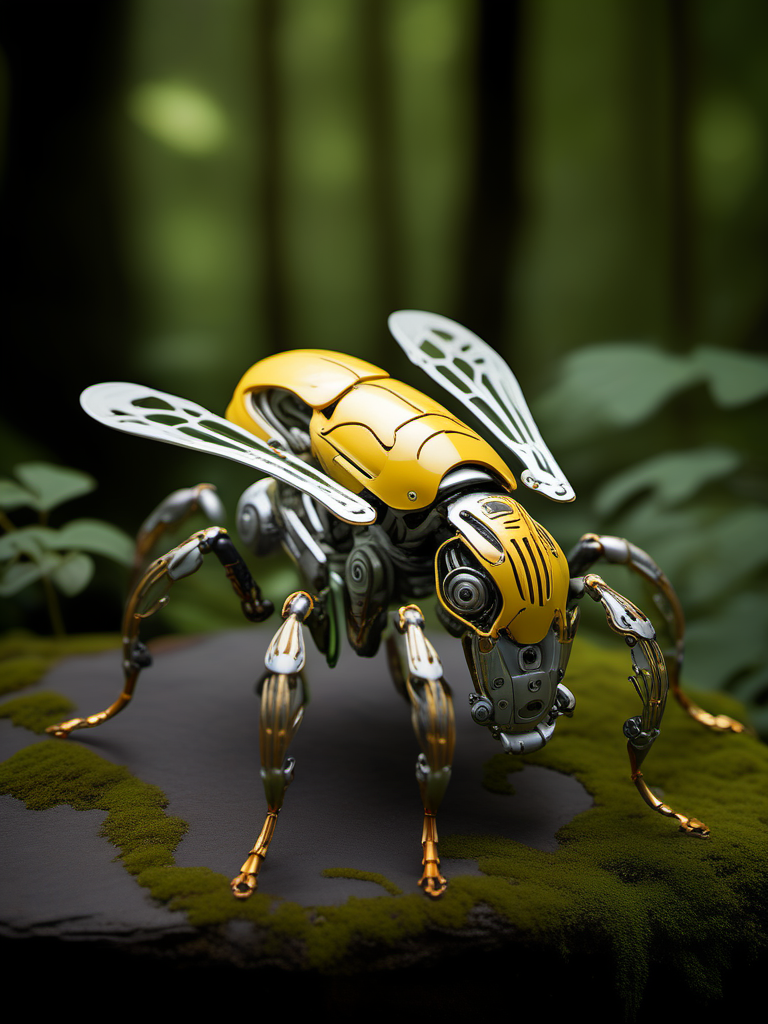 jixie,The image presents a mechanical insect that resembles a bee,with its body segmented into parts resembling the thorax and abdomen of an actual bee. The head is detailed with what appears to be eyes and antennae,giving it a lifelike appearance. The wings are translucent and veined,suggesting a delicate structure despite the overall metallic sheen. The legs are slender and jointed,mimicking the flexibility of an insect's limbs. The robot is set against a backdrop of green foliage,indicating a forest or garden setting. The surface on which the robot stands seems to be a natural rock formation,covered in moss,which adds to the contrast between the mechanical entity and the organic environment,<lora:ä»¿çæºæ¢°V1:0.7>,