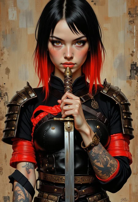 A young  (Japanese woman) with hair dip dyed black to red, wearing traditional samurai armor.  Holding up a katana in front of her.
Niji Stan Katayama style Frank Frazetta fantasy oil painting.