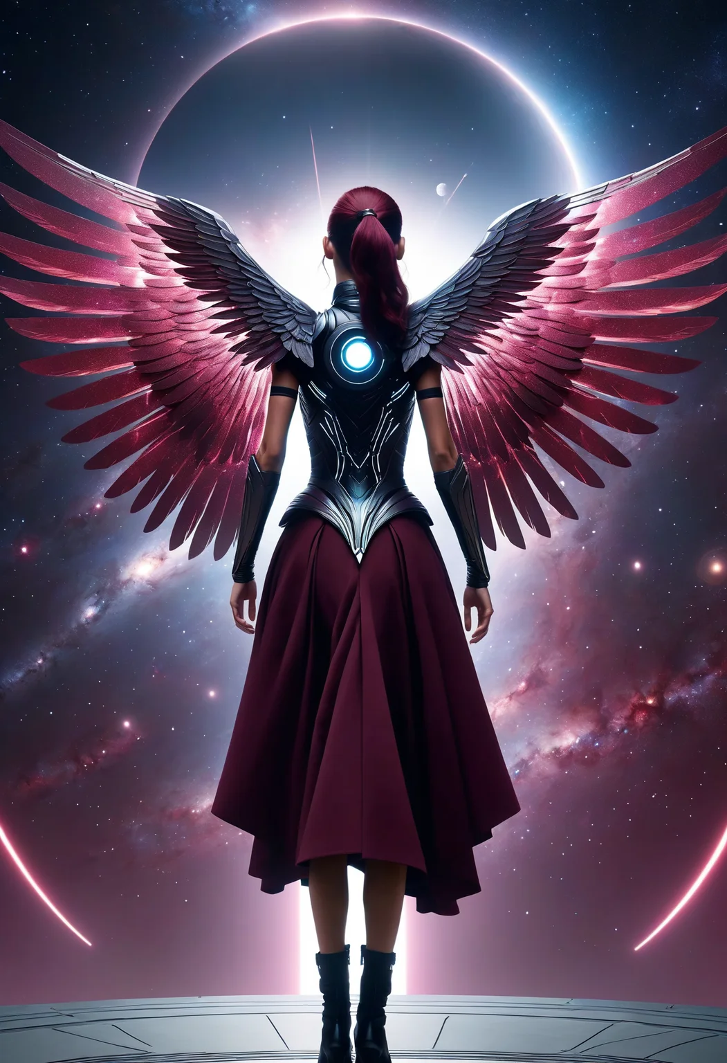 awesome quality, dynamic,DonMDr4g0nXL woman from behind,wings attached to back,skirt, (draconid:0.25) burgundy eclipse chaos, adapt intergalactic teleportation <lora:myLora\DonMDr4g0nXL-v2rb:1>,