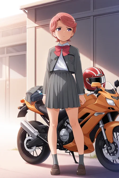 masterpiece, best quality, amazing quality,
 <lora:Futaba_IL:1> futaba, 1girl, helmet, solo, skirt, ground vehicle, short hair, school uniform, motor vehicle, motorcycle helmet, pleated skirt, standing, socks, bowtie, shoes, shirt
