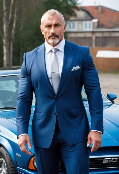 a very muscular 60 year old, 2 meters tall, slavic bodyibuilder musclebear man wearing a suit and tie. He is standing next to a blue car, which is parked behind him. The man has a large build body, broad shoulders and a shaved head, giving him a strong and imposing appearance. He is wearing a tight dark blue suit and light grey tie, which complements his dark hair and muscular build. The man's overall appearance suggests that he is confident and well-dressed, possibly attending a formal event or a business meeting.
