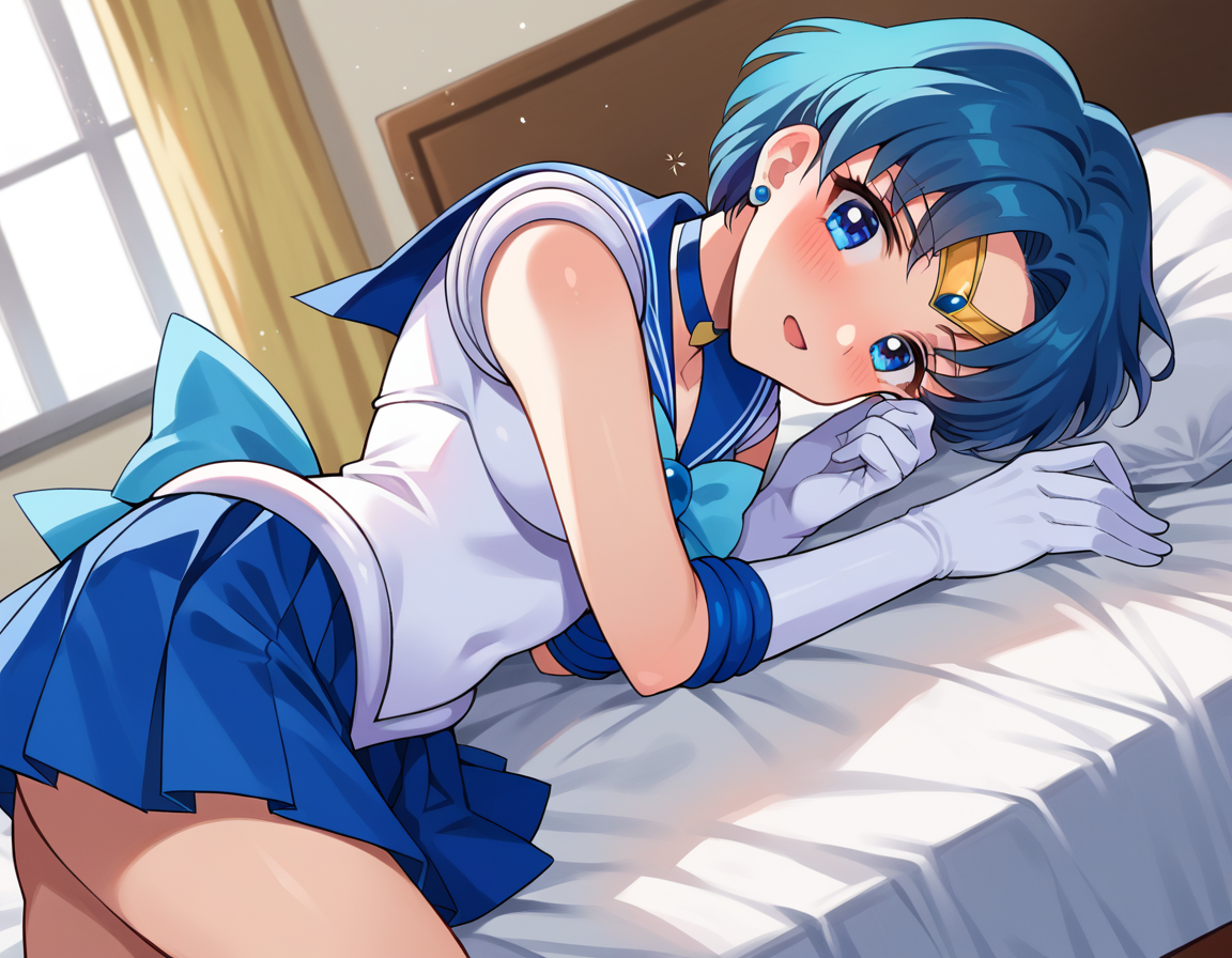 score_9, score_8_up, score_7_up, source_anime,
sailormercury, <lora:sailor-mercury-ponyxl-lora-nochekaiser:1>
sailor mercury, blue eyes, blue hair, short hair, parted bangs,
back bow, blue bow, blue choker, blue sailor collar, blue skirt, bow, choker, earrings, gloves, jewelry, magical girl, miniskirt, pleated skirt, sailor collar, sailor senshi uniform, skirt, stud earrings, tiara, sleeveless,
indoors, bed, bed room, on side, blush, drunk,
looking at viewer, cowboy shot, dutch angle,