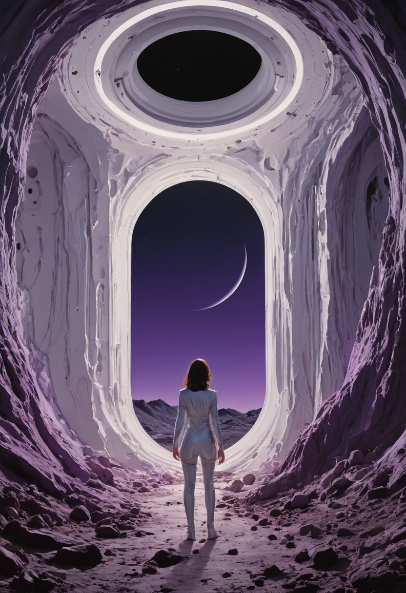 *Channel_42* As you close into the depths, the pristine white walls of an elongated Exoplanet base glisten in the moonlight. But as it enters into their exploration, Sultry boudoir photography, Portals ringed with colors extending beyond normal perception ultraviolets so deep they hurt to perceive,by Kuang Hong, Milton Glaser, Vector Art, landscape, Movie still, best quality, hair light, Slow Shutter Speed, Kodak UltraMax 400, Depth of field 270mm, digital art, rich colors
