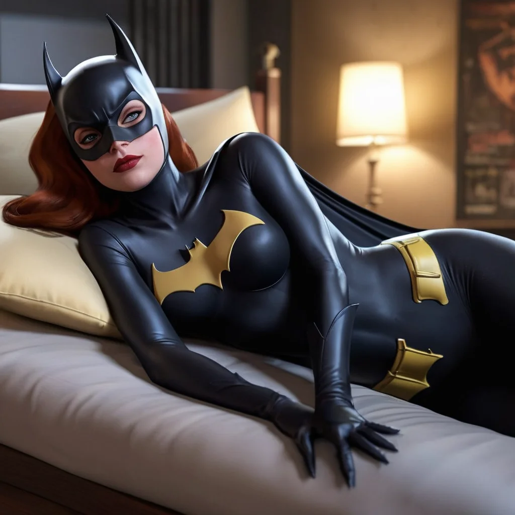 Hyperrealistic art of <lora:Anime_Batgirl:1>
Batgirl a cartoon naked breasts woman in a naked batgirl mask is laying on a bed In Gotham City Universe, Extremely high-resolution details, photographic, realism pushed to extreme, fine texture, incredibly lifelike