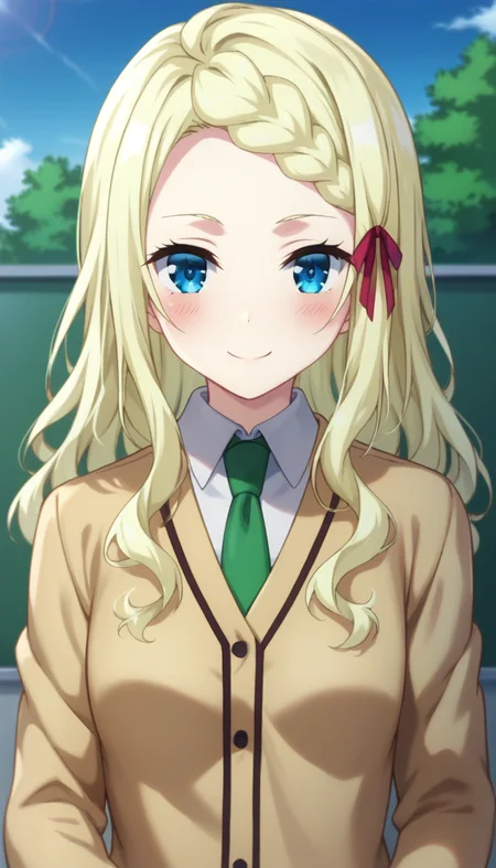 score_9,score_8_up,score_7_up,score_6_up BREAK official art,solo,outdoors,upper body,(portrait:1.5),looking at viewer,facing viewer,smile,blush,Lucy Tsukioka,long hair,wavy blond hair,hair ribbon,red ribbon,sidelocks,braided bangs,blue eyes,school uniform,brown cardigan,green necktie,collared shirt,white shirt,small breasts,long sleeves,miniskirt,black skirt,pleated skirt,zettai ryouiki,white thighhighs,frilled thighhighs,loafers,<lora:Lucy Tsukioka(at)-Pony:1.4>,