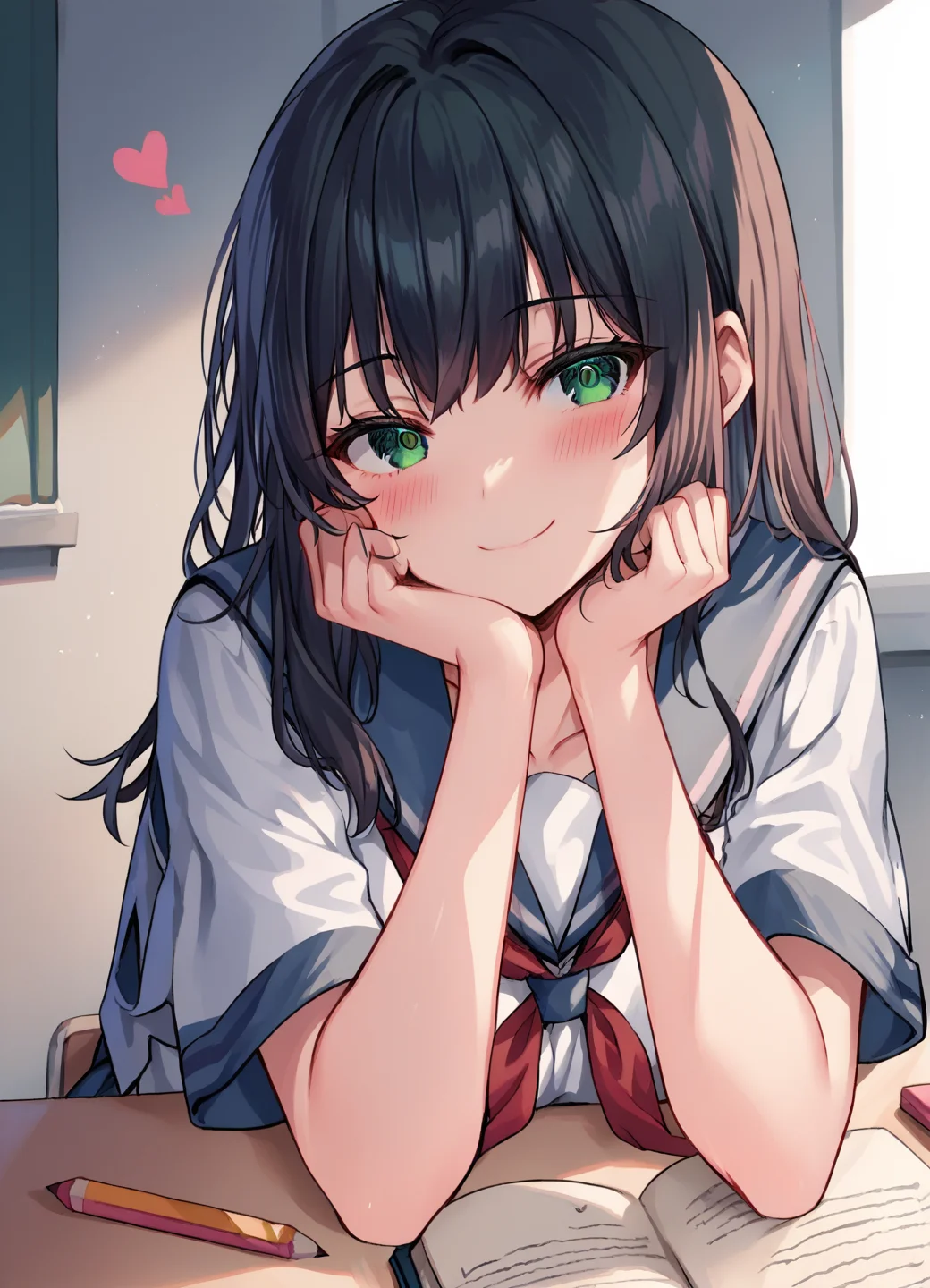 score_9, score_7_up, source_anime,
1girl, green eyes, bangs, sitting, desk, arms rest, pencil, notebook, school uniform, collarbone, indoors, short sleeves, upper body, classroom, book, smile, hearts, blush, looking at viewer, head tilt, closed mouth,
<lora:hizukis_xl:0.85>
