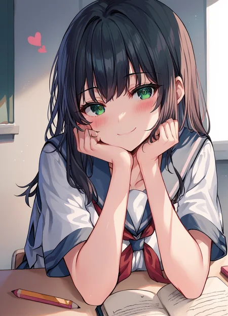 score_9,  score_7_up, source_anime, 
 1girl, green eyes, bangs, sitting, desk, arms rest, pencil, notebook, school uniform, collarbone,  indoors, short sleeves, upper body, classroom, book, smile, hearts, blush,  looking at viewer, head tilt, closed mouth,
 <lora:hizukis_xl:0.85>