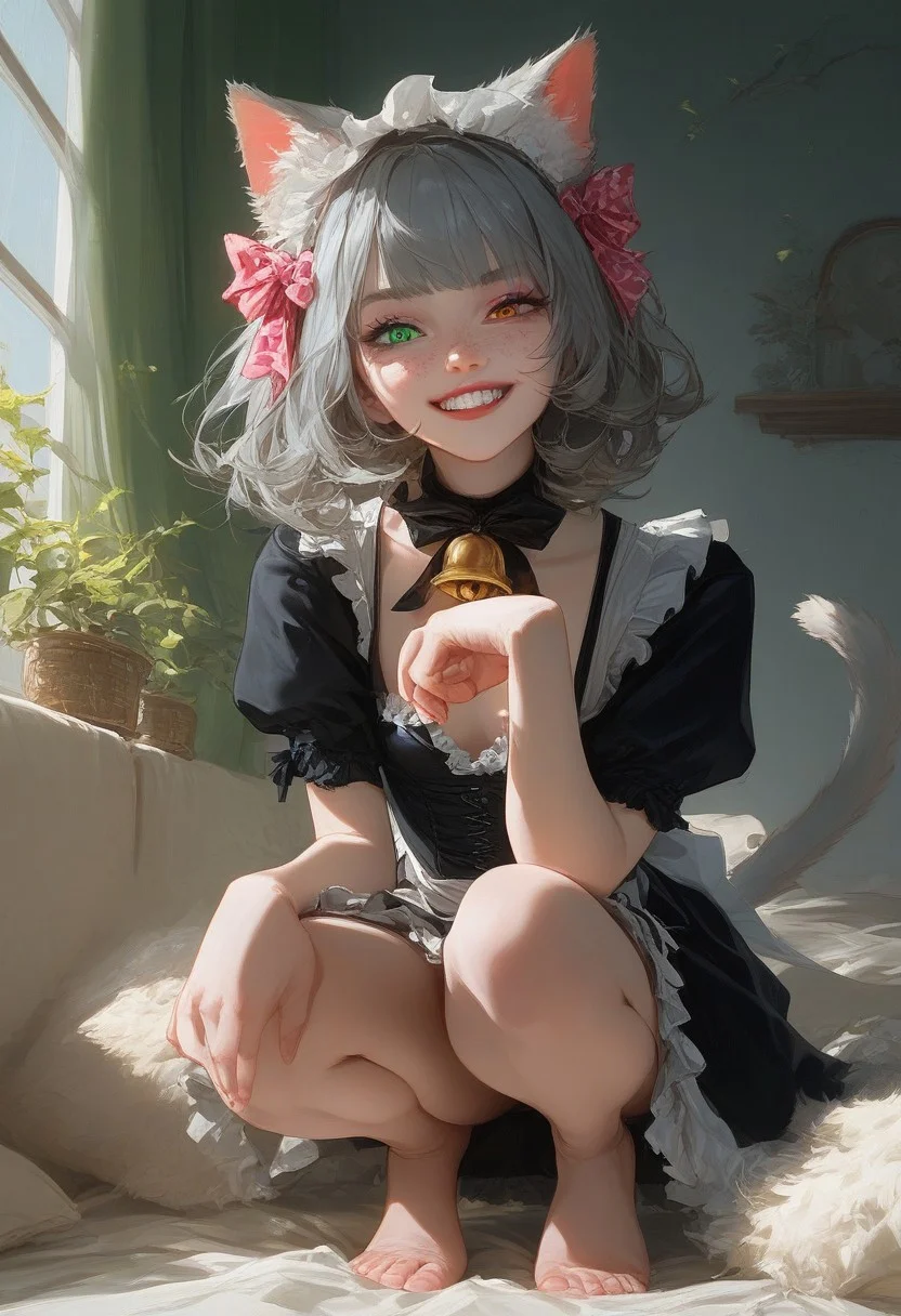 score_9, score_8_up, score_7_up, score_6_up, realistic,
(1girl, solo, playful catkin maid), heterochromia (blue and green eyes), petite and curvy body type, small breasts, pale skin with faint freckles, cheeky grin, medium hair, soft and slightly messy, ash-grey hair with pink-tipped bangs, lacy black maid outfit with paw-shaped ribbons, fluffy cat ears, tail swaying, indoors, crouching with one hand extended, cozy vintage parlor background, soft candlelight, bell collar jingling, faint purring sound, paw print dust trailing behind.
,Expressiveh,
