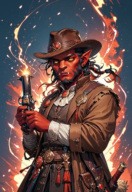 ((zPDXL3)), ((masterpiece,best quality, highly detailed)), ((score_9)), score_8_up, score_7_up, score_6_up, score_5_up, score_4_up, Digital painting style, brushstrokes, ((EnhanceImage)), solo, 1boy, Hobgoblin, red skin, yellow eyes, fangs, big nose, mutton chops, black hair, duster coat, brown coat, cowboy hat, cowboy, vest, shirt, holding revolver, revolver, 1 revolver, gunslinger, swm29,
Expressiveh, 30yo,
chinese magical sorceress, animated, swirling magic, wisps of magic, magical accessories, evoking motion, conveying motion, dynamic splash art, ((handfixer)), four fingers, one thumb,
<lora:PainterlyFantasiaPDXL:0.6>,