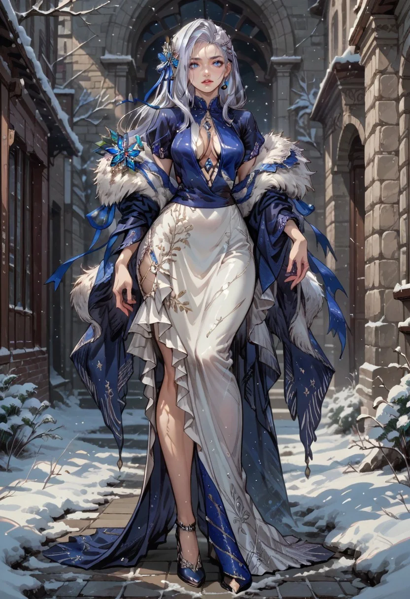 safe_pos, score_9, score_8_up, score_7_up,source_anime,high quality,perfect face,highly detailed, wintviktora, 1girl, blue eyes, solo, breasts ,high heels ,long hair, hair ornament, winther_dress, cleavage, winther_clothes, fur, mistl,winter,flirting