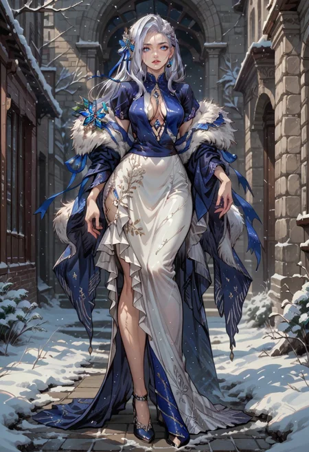safe_pos, score_9, score_8_up, score_7_up,source_anime,high quality,perfect face,highly detailed, wintviktora, 1girl, blue eyes, solo, breasts ,high heels ,long hair, hair ornament, winther_dress, cleavage, winther_clothes, fur, mistl,winter,flirting