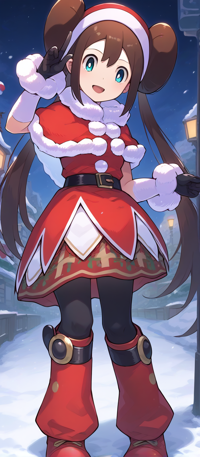 2d, masterpiece, best quality, amazing quality, 1girl, solo, close-up, standing, smile, full body, leaning_forward, looking at viewer, meadow, night, snow, ,rosanta, def colors, rosa \(pokemon\), blue eyes, white pupils, brown hair, long hair, bangs, twintails, double bun, sleeveless dress, red dress, santa costume, santa hat, fur trim, fur-trimmed capelet, red capelet, black belt, black gloves, white elbow gloves, black pantyhose, knee boots, red footwear, score_9, score_8_up, score_7_up,source_anime