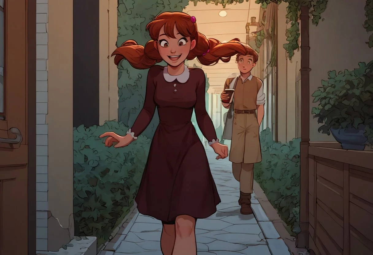 score_9, score_8_up, score_7_up, 1boy, 1 woman ,beautiful pale skin woman , beautiful woman, (((hair in pigtails))), hair bobbles, straight hair, masterpiece, high resolution, intricate details, night, lovely cute face, bright big brown eyes, wearing a brown dress, very happy, walking down the street, looking at her cellphone