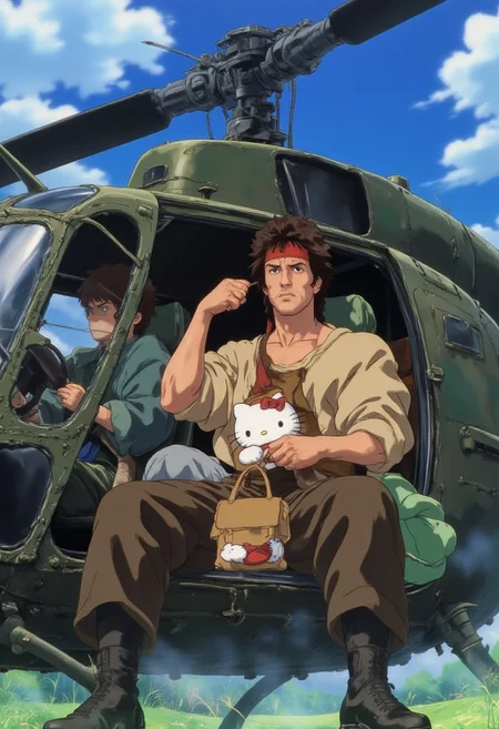 anime style, rambo, John Rambo, holds a Hello Kitty bag, looking at bag, sitting in a helicopter,