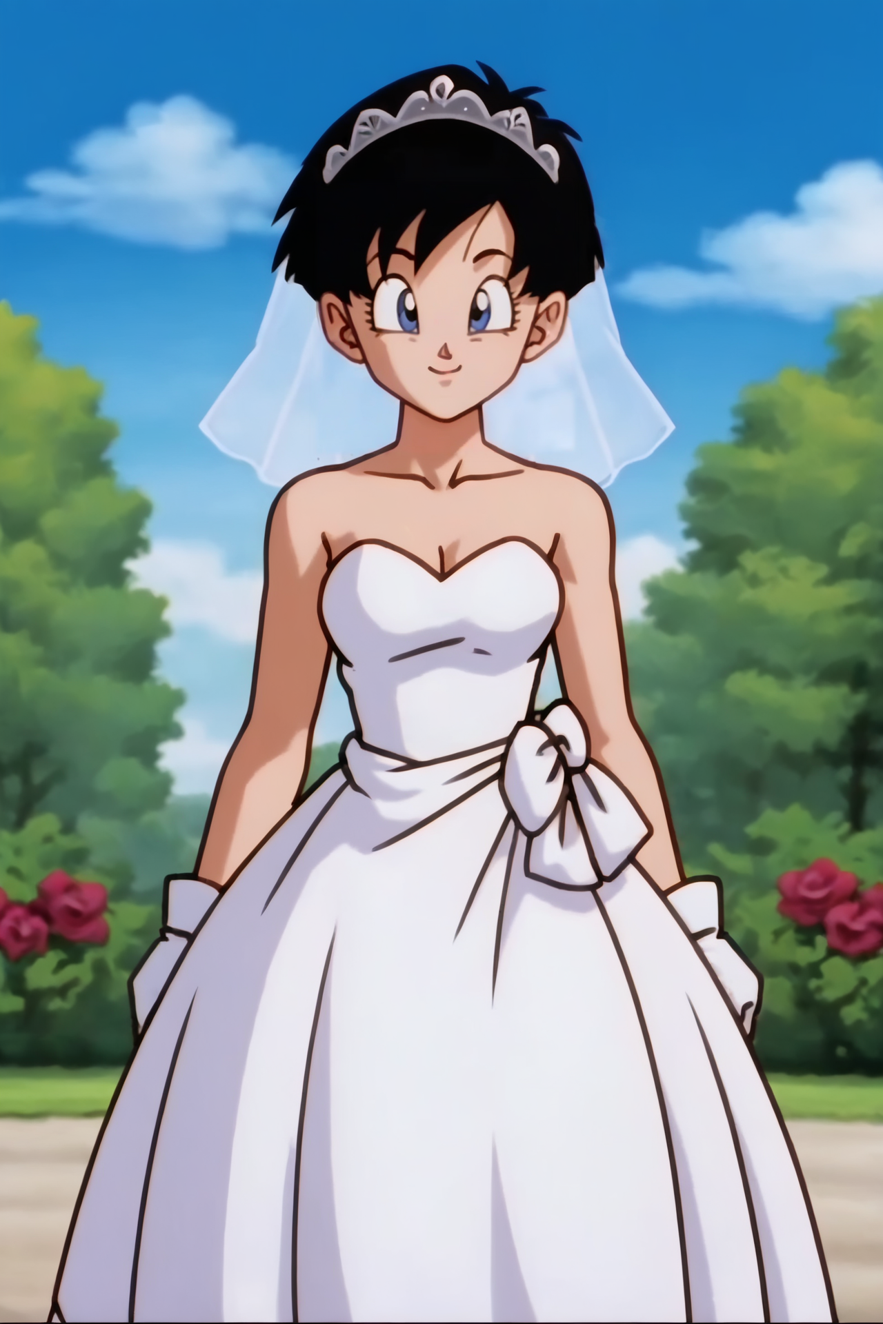source_anime, score_9, score_8_up, score_7_up, anime screencap,8k, absurd res,
videl, short hair, black hair, spiked hair,  blue eyes,
wedding dress, bridal veil, garden, blue sky, cowboy shot, 
 <lora:videlSatan_pony_v1:0.8>