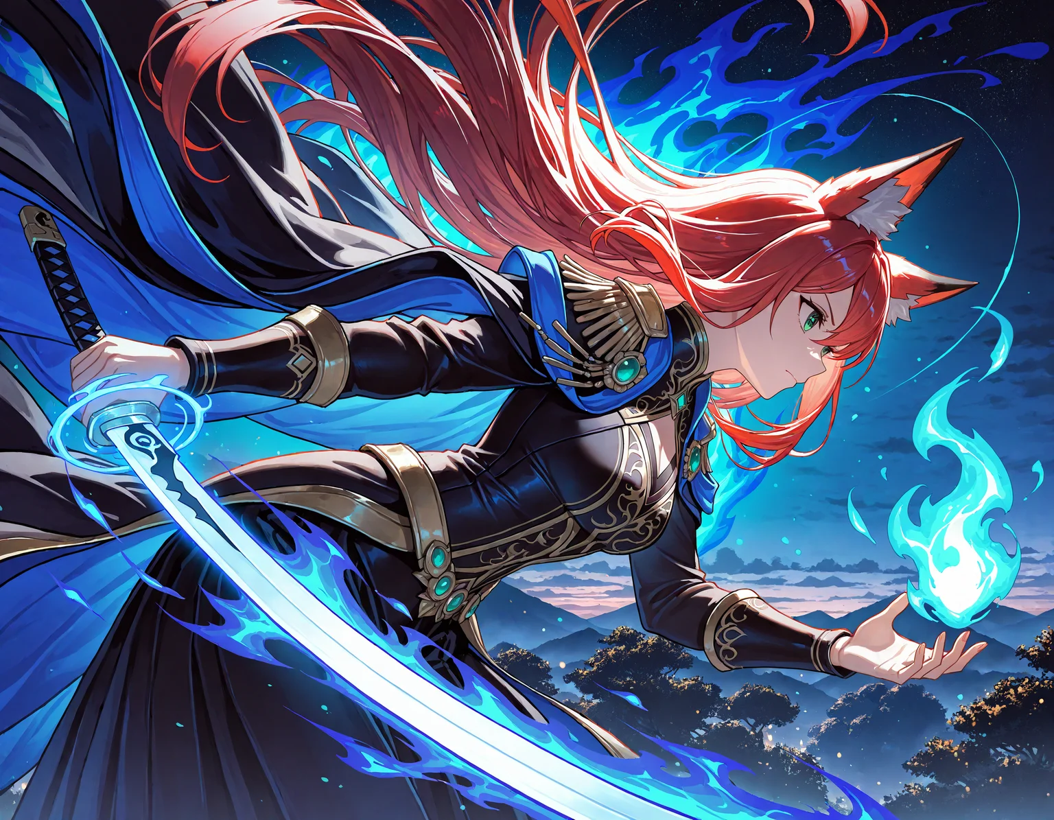 masterpiece, best quality, very awa, 1girl, fox girl, red hair, scenery, from side, green eyes, looking aside, closed mouth, ethereal, celestial atmosphere, night, holding katana, glowing katana blade, blue glow, blue magic flames, royal clothing, focused demeanor, leaning forward, dynamic pose, dark theme