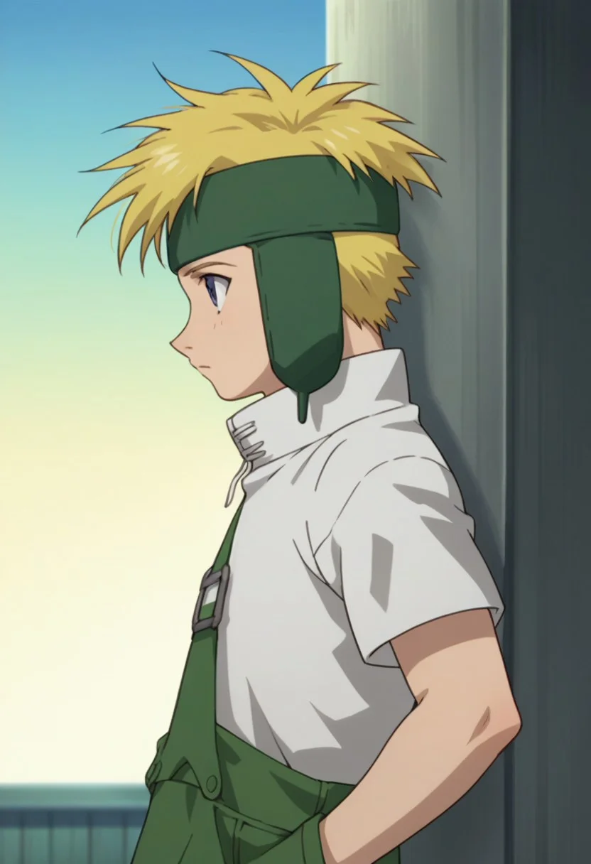 score_9, score_8_up, score_7_up, source_anime, highly detailed,
fletchertringham, solo, 1boy, male focus, blonde hair, upper body, standing, shirt, white shirt, pants, short sleeves, headband, green pants,
overalls, forehead protector, blue eyes, profile,